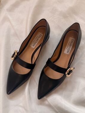 Collection Charles & Keith Pointed Black Mary Jane Flats with Gold Buckle